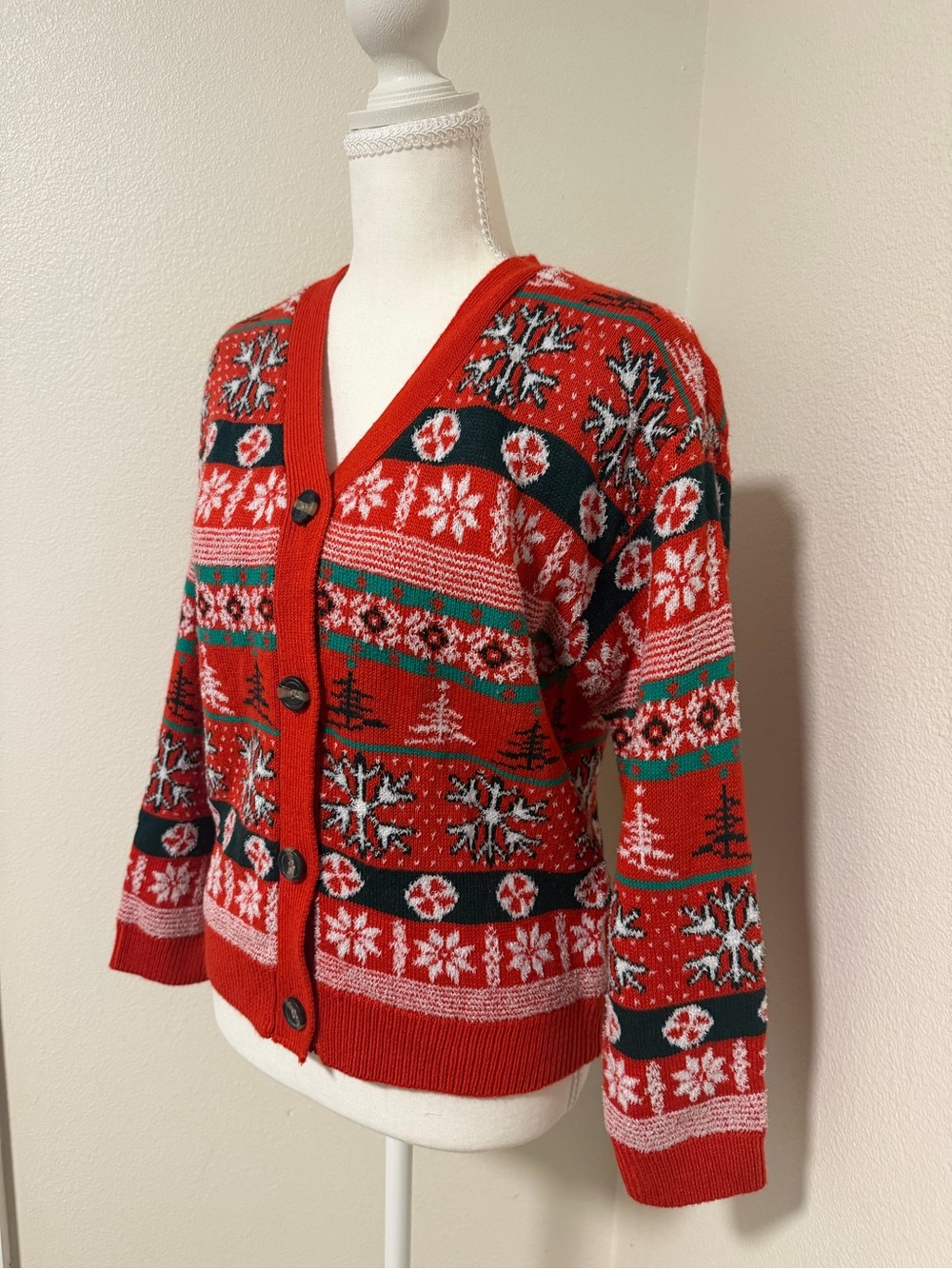 Merry Christmas by Poof! Red Button Cardigan with Green Trees Snowflakes